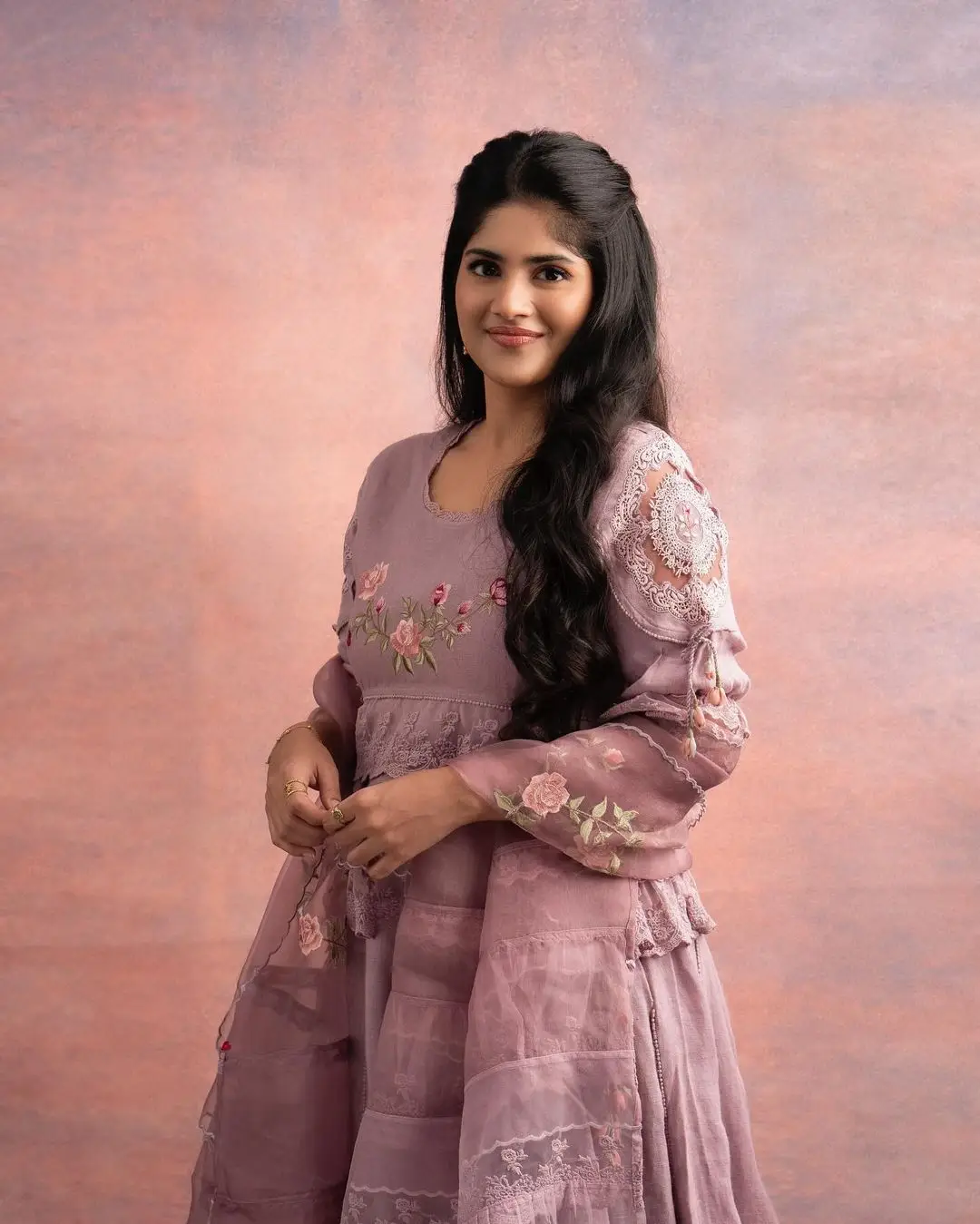 Malayalam Actress Megha Akash In Violet Gown